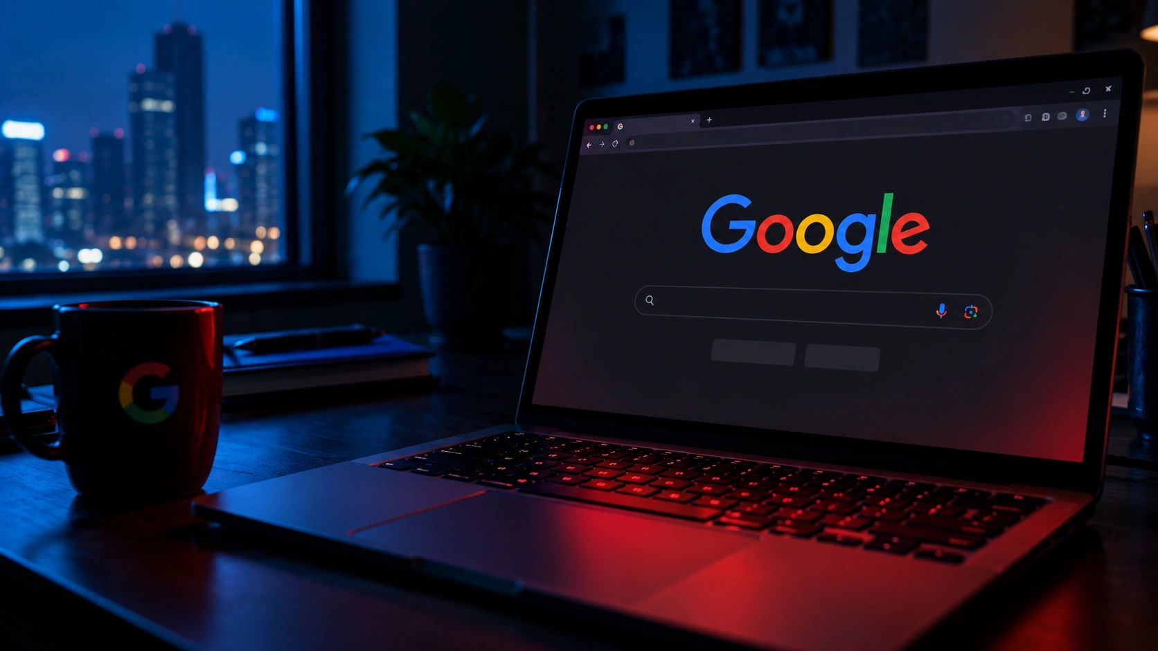 A laptop on a desk in a dark office showing a red browser warning about a dangerous website