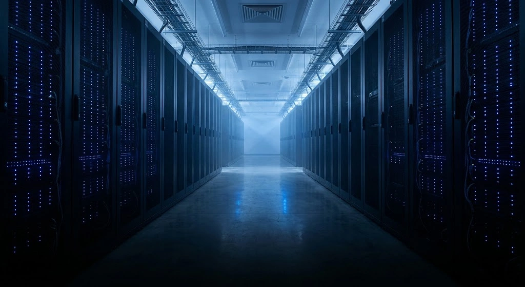 Long row of closed supercomputer cabinets with blue status lights in a dim hall