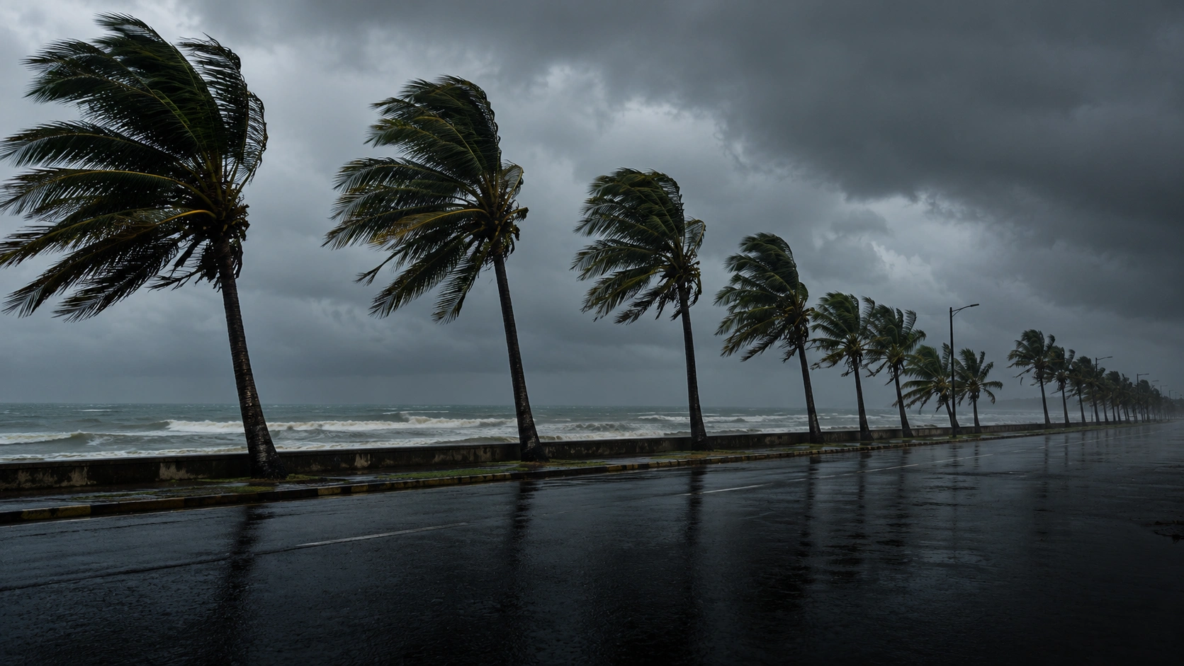 Palm trees bent by strong wind and a flooded coastal road under dark clouds