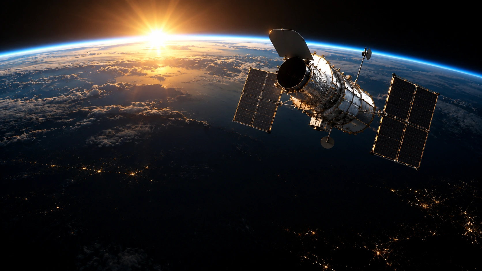 Space telescope orbiting above Earth with the bright Sun rising over the planet's edge
