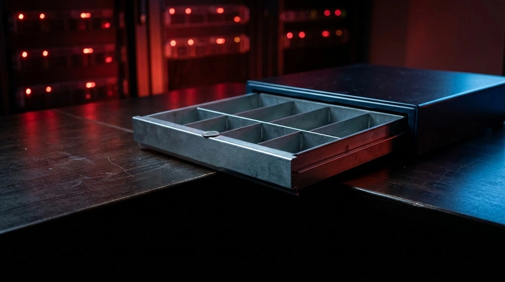Open, empty cash drawer on a dark desk with blurred server racks glowing red in the background