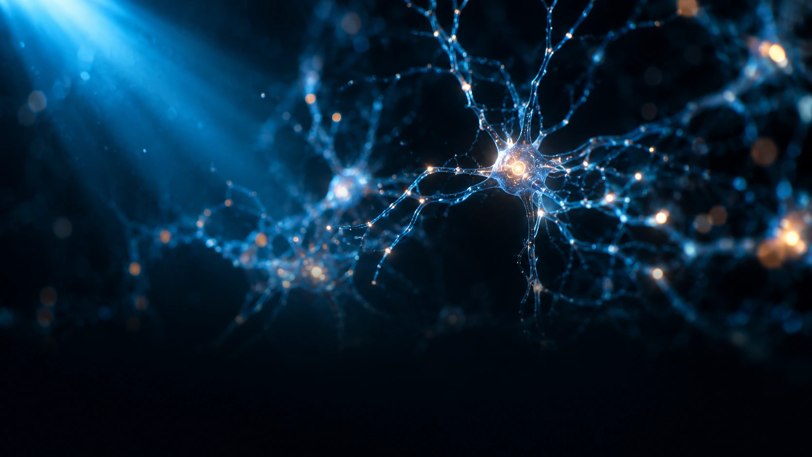 A beam of blue light falling on a network of neurons seen through a microscope