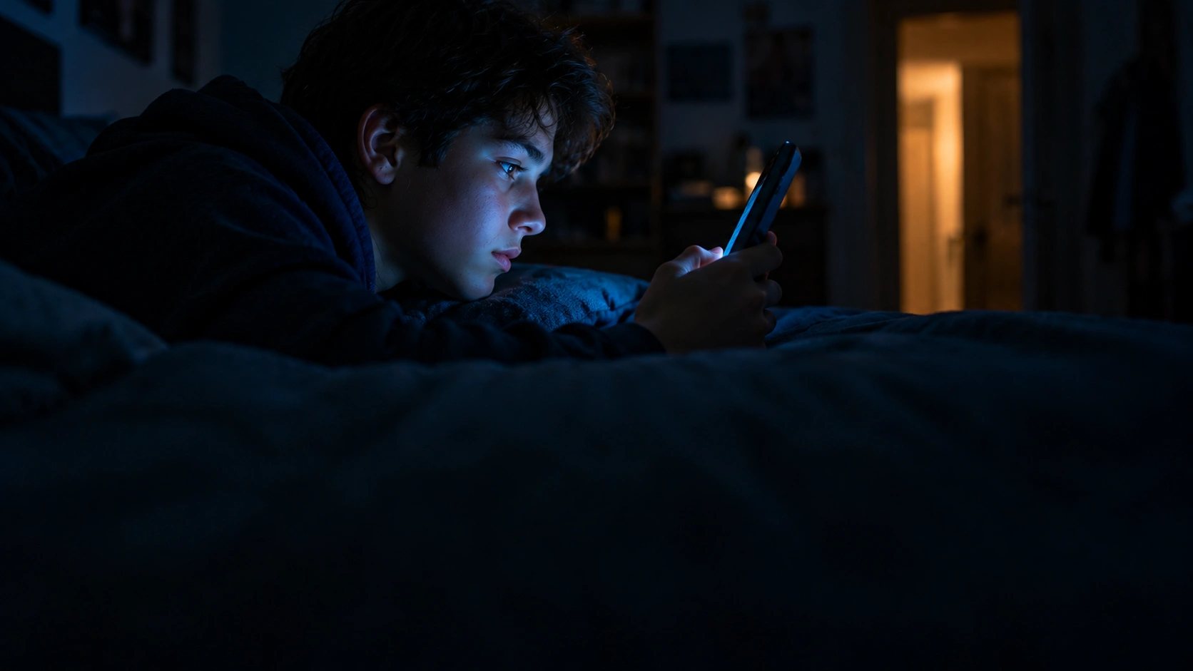 Teenager in a dark room looking at a smartphone screen, face lit by blue light
