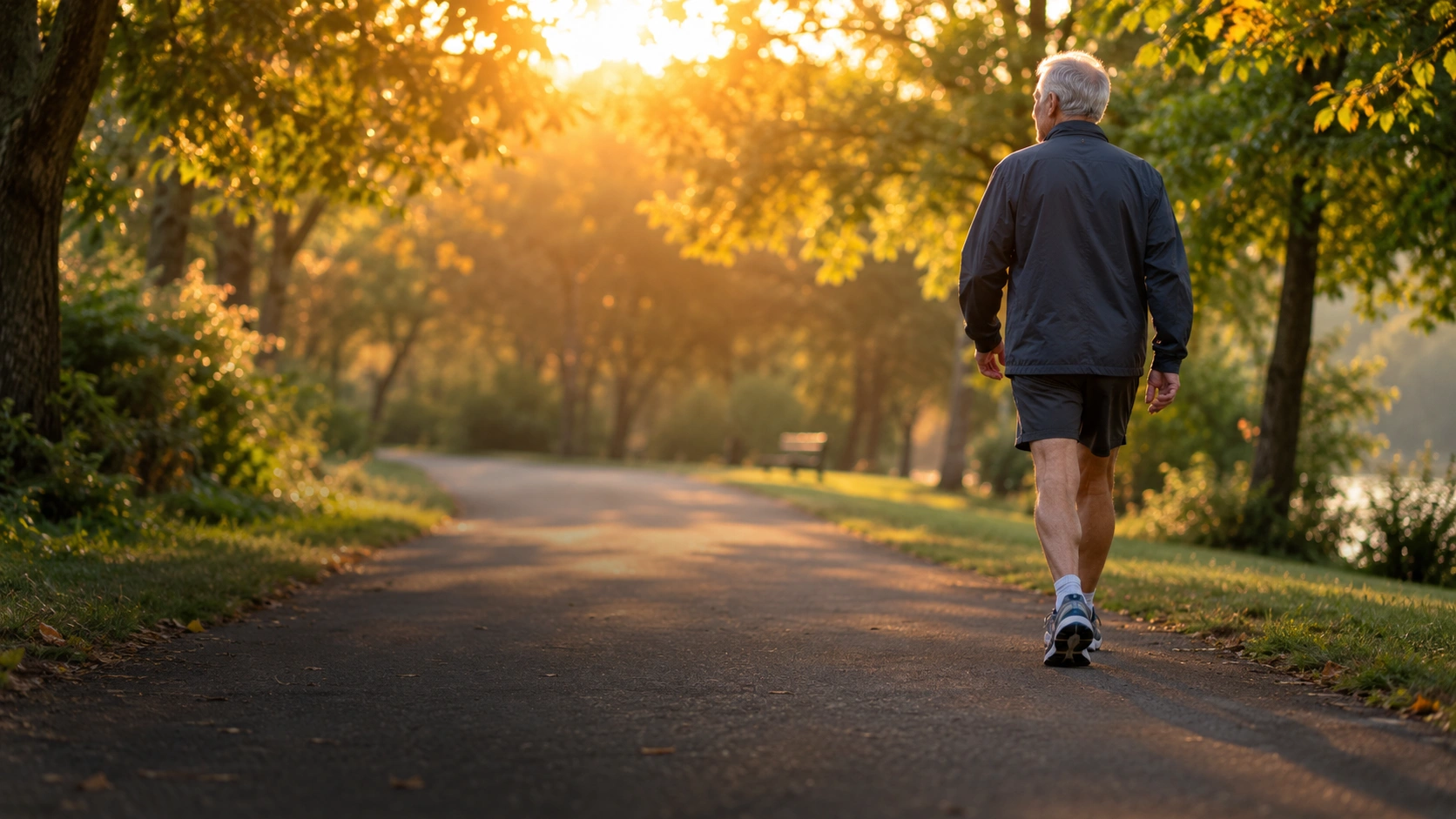 Older man in sneakers walking along a park path in early morning light