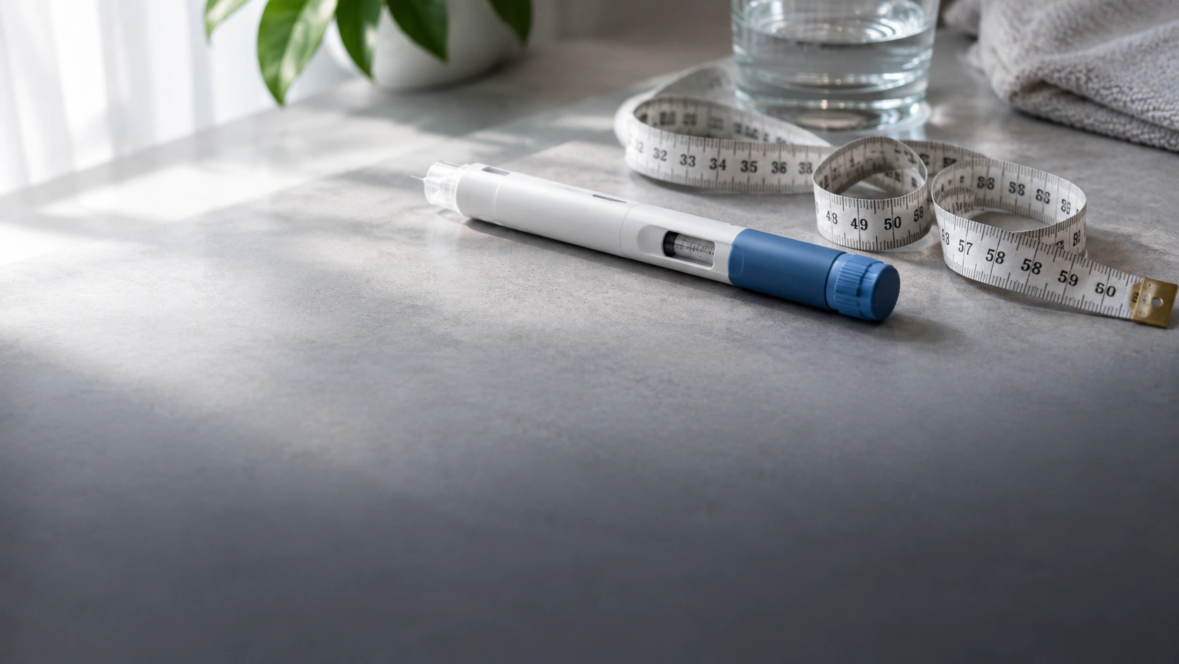 Weekly injection pen on a light table next to a measuring tape
